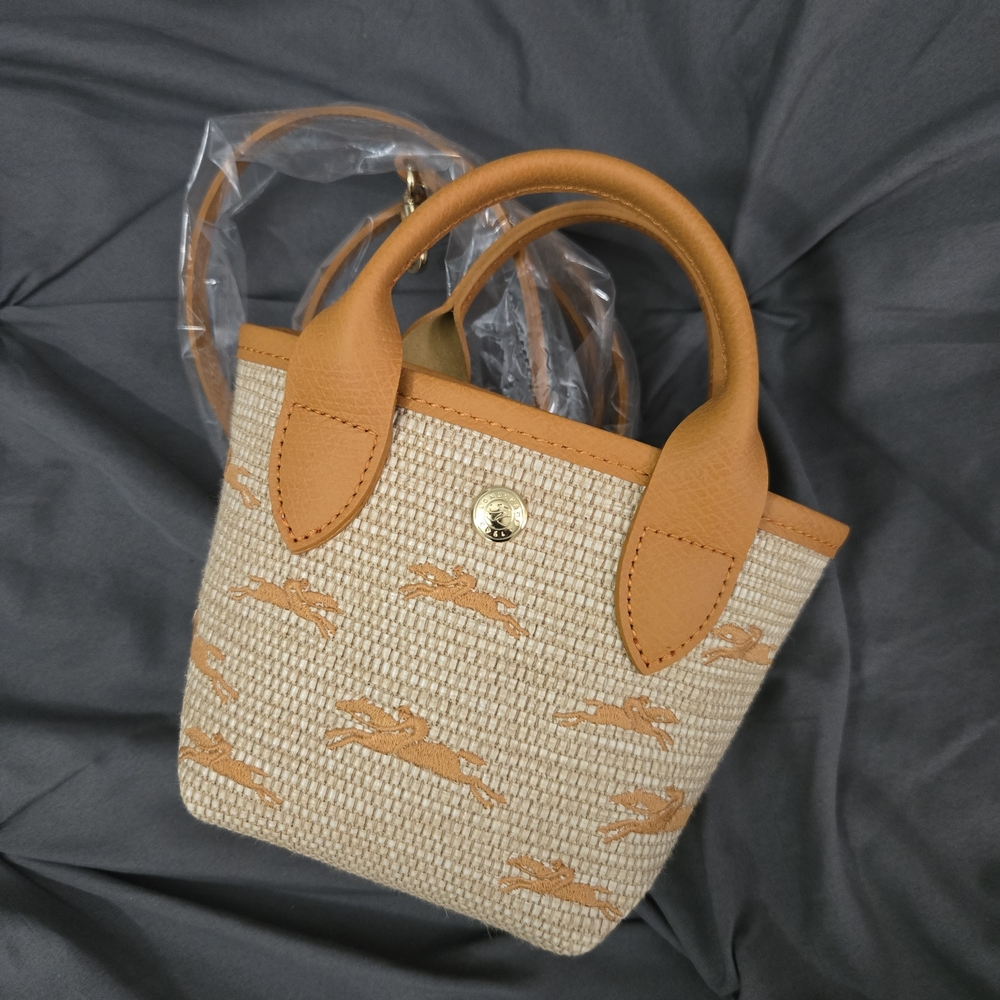 LONGCHAMP Tan and Cream LE PLIAGE PANIER Basket Tote Bag XS